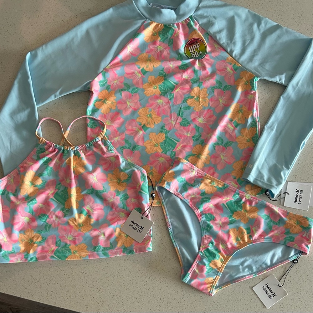 Girls Hurley 3 piece swimsuit, UPF 50+ swim shirt, floral print, size 14